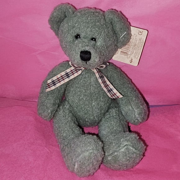 VINTAGE RUSS BERRIE " FRIZZLIN"  BLUE/GREEN BEAR WITH GINGHAM BOW PLUSH ANIMAL - Picture 4 of 9